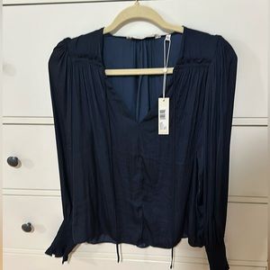 Rebecca Taylor black Tie-Front Puff Sleeve V-Neck Top  Size Small